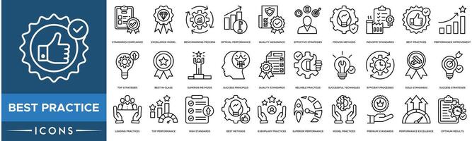 Best Practice icon. Standards Compliance, Excellence Model, Benchmarking Process, Optimal Performance, Quality Assurance, Effective Strategies and Proven Methods vector