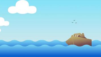 bateau sur le mer, une navire flottant dans bleu vagues dans océan, plage arrière-plan, dessin animé voilier flottant, dessin animé, 4k 2d animation video