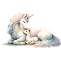 Beautiful illustration of a mother and baby unicorn with pastel colors, floral elements, and a dreamy background. Perfect for fantasy themes. png