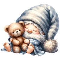 Cute gnome in a large hat hugging a teddy bear. Perfect for creating cozy and heartwarming designs or decorations. png