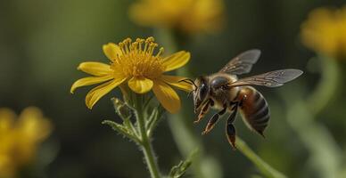 Honey bees collect pollen and nectar on sunflowers photo