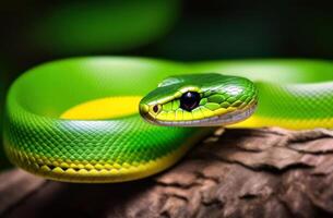 A green snake crawls along a tree branch in close-up against a blurry forest background photo