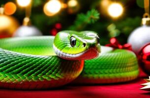 Pine branches, flashes of lights and a green snake - an unconventional solution for the design of Christmas and New Year marketing materials photo