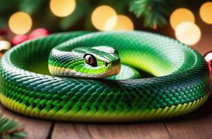 design with a green snake with fir branches, blurred lights, will create a festive atmosphere in the design of cards, invitations and marketing materials for Christmas, New Year and photo
