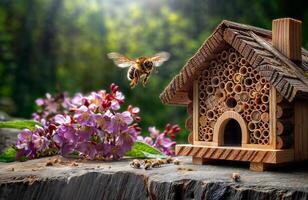Buzzing with fluttering wings, a bee purposefully approaches the wooden insect hotel, searching for the ideal place to build a new nest photo