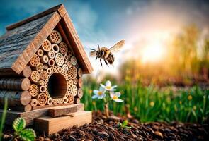 Buzzing on the approach to the wooden insect hotel, a bee explores the scattering of entrances, searching for the safest and most comfortable dwelling for future offspring photo