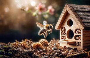 Flying from one entrance to another, a restless bee evaluates the wooden hotel, trying on cozy apartments. Blurred background in golden hour with space for copying photo