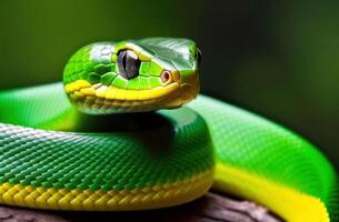 Green snake curled up on blurred green background. Symbol of the New Year 2025 funny snake illustration for calendar, design greeting card, poster photo