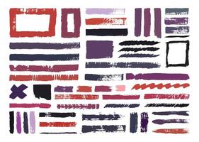 Hand drawn paint brushes icon set. Grunge painting texture element. Square, lines, x, and wavy shapes brush strokes. Hand drawn artistic forms collection. vector