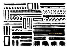 Black paint brush strokes with various shapes. Circle, curve, straight and wavy lines, rectangle, x brushes set. Hand drawn grunge painting graphic element. vector