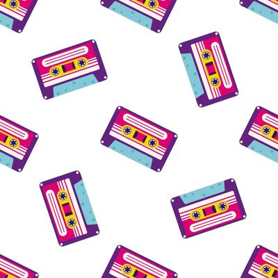 80s, 90s retro elements. Pattern with audio cassettes and geometrical elements in the Memphis style