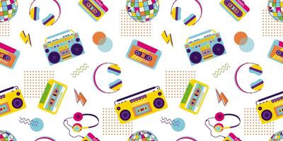 90s retro elements. Seamless pattern with tape recorder, audio tape, headphones and disco ball. Aesthetics of the 90s vector