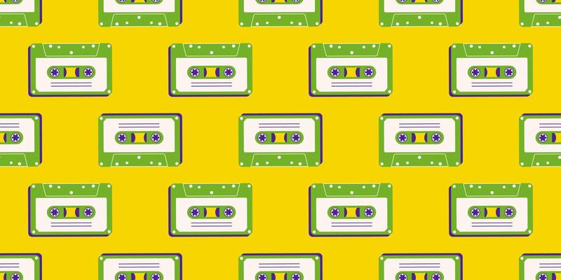 80s, 90s retro elements. Pattern with audio cassettes and geometrical elements in the Memphis style