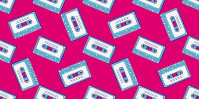 80s, 90s retro elements. Pattern with audio cassettes and geometrical elements in the Memphis style vector