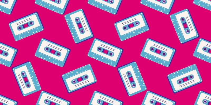 80s, 90s retro elements. Pattern with audio cassettes and geometrical elements in the Memphis style