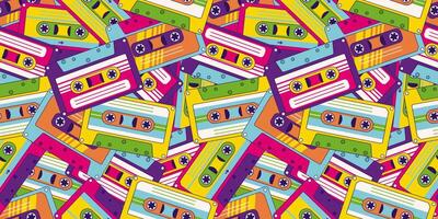80s, 90s retro elements. Pattern with audio cassettes and geometrical elements in the Memphis style vector