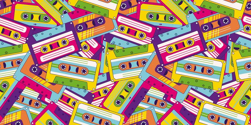 80s, 90s retro elements. Pattern with audio cassettes and geometrical elements in the Memphis style