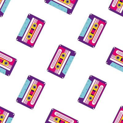 80s, 90s retro elements. Pattern with audio cassettes and geometrical elements in the Memphis style
