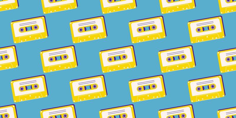 80s, 90s retro elements. Pattern with audio cassettes and geometrical elements in the Memphis style