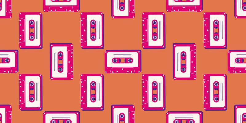 80s, 90s retro elements. Pattern with audio cassettes and geometrical elements in the Memphis style