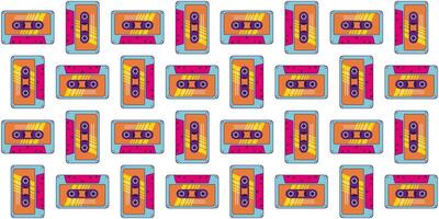 80s, 90s retro elements. Pattern with audio cassettes and geometrical elements in the Memphis style vector