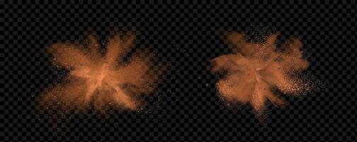 background of a sand explosion with dirt and cloud smoke. Brown sandstorm splash and dirty ground with a textured wind effect.Yellow flying particles and stone. vector