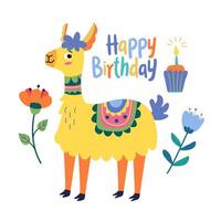 Greeting birthday card with funny funky lama with colorful flowers and cake with candle. Illustration in flat style and happy birthday lettering vector