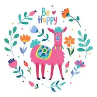 Motivation card with bright lama and flowers. Iillustration in flat style and be happy lettering vector