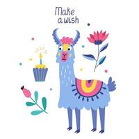 Greeting birthday card with funny funky lama with cake with candle and colorful flowers. Illustration in flat style and make a wish hand drawn lettering vector