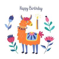 Greeting birthday card with funny funky lama with colorful flowers and cake with candle. Illustration in flat style and happy birthday lettering vector