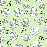 Delicate white flowers with leaves seamless pattern. Light green pattern vector