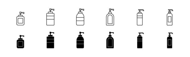 Soap bottle icon set. Hand sanitizer dispenser. Line and glyph soap bottle vector