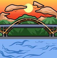 Background bridge sunset view vector