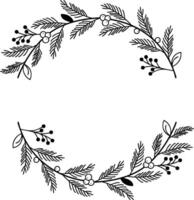 Black and White Monochromatic Floral Wreath with Leaves and Berries on White Background. Minimalistic Botanical Round Border. illustration vector