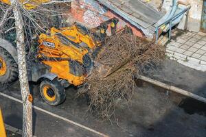 Dnepr, Ukraine - 03.20.2024 A bulldozer collects branches after pruning trees. View from above photo