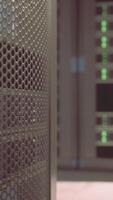 Rows of powered supercomputers in a server room video