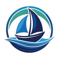 Blue Sailboat Icon With Ocean Waves in a Circle vector