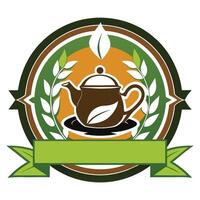 Green Teapot Emblem With Green Leaves and Ribbon vector