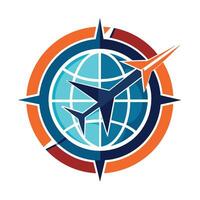 Airplane Flying Above Globe Within Compass Design vector