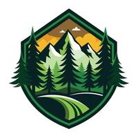 Mountain Range and Forest Scene in a Green Shield vector