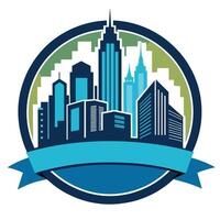 Modern City Skyline Illustration With Ribbon Banner vector