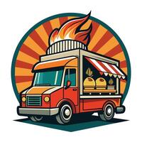 Retro Food Truck With Flames and Striped Awning vector