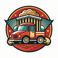 Retro Red Delivery Truck With Striped Building In Circular Emblem vector