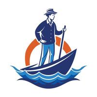 Man Standing in Boat With Oar on the Ocean Waves vector