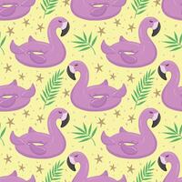 Seamless pattern with pink flamingos and palm leaves. A float for the pool. Inflatable pink flamingos. A swimming circle. pattern for your summer beach design vector
