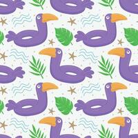 Seamless pattern with purple toucan. A float for the pool. Inflatable colorful toucans, starfish and palm leaves. A swimming circle. template for your summer beach design vector