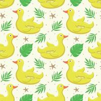 Seamless pattern with yellow duck and palm leaves. A float for the pool. Inflatable yellow ducks and palm leaves. A swimming circle. pattern for your summer beach design vector