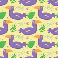 Seamless pattern with purple toucan. A float for the pool. Inflatable colorful toucans, starfish and palm leaves. A swimming circle. template for your summer beach design vector
