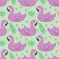 Seamless pattern with pink flamingos and palm leaves. A float for the pool. Inflatable pink flamingos. A swimming circle. pattern for your summer beach design vector