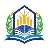Education Emblem Featuring Open Book and Columns Under Sun vector